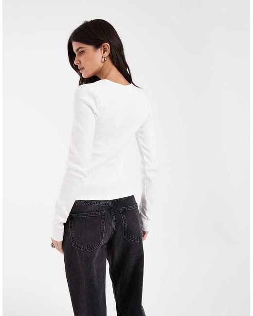 JJXX White Long Sleeve V-neck Ribbed Top