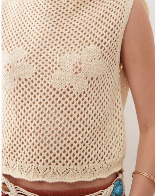 Reclaimed Vintage Natural Festival Crochet Knit Tank Top With Flower Detail
