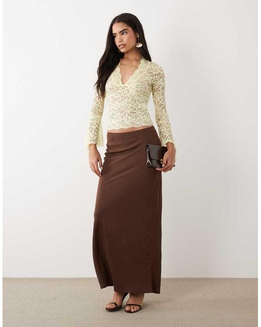 I.AM.GIA Natural Gemma Semi Sheer Plunge Neck Long Fluted Sleeve Lace Top