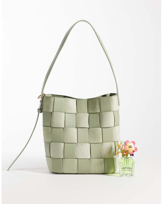 ASOS White Faux Suede And Faux Leather Weave Bucket Tote Bag