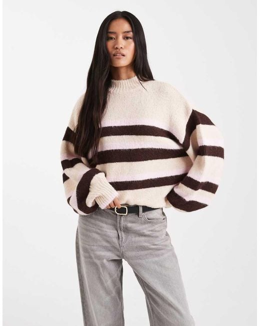 Miss Selfridge Gray Pink And Cream Stripe Brushed Fluffy Jumper
