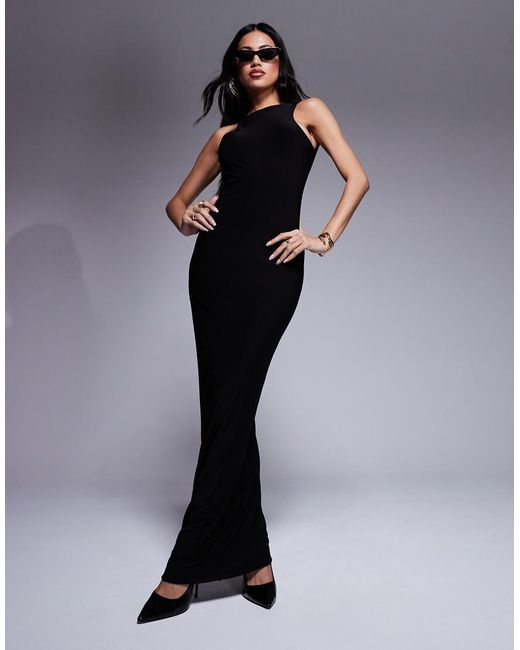 Fashionkilla Black Double Layered Slinky High Neck Low Back Maxi Dress