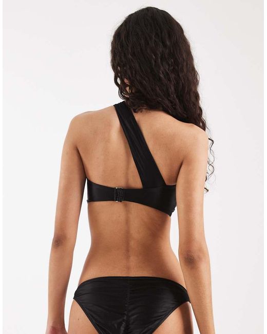 Vero Moda Black One Shoulder Bandeau Bikini Top With Floral Corsage Detail