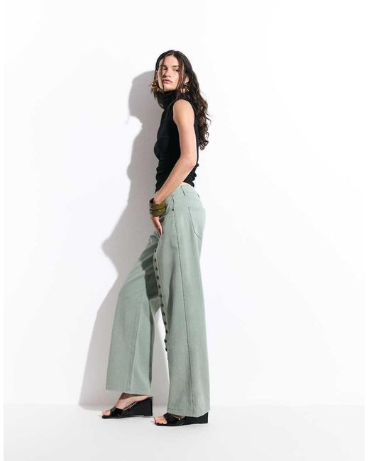 Lioness Green Penny Asymmetric Button Detail Relaxed Leg Jeans