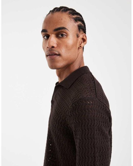 Only & Sons Black Open Knit Split Neck Polo for men
