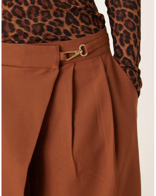 ASOS Brown Tailored Asymmetric Wrap Wide Leg Pants With Buckle Detail