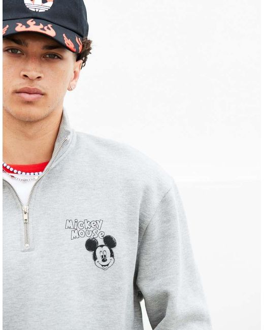 ASOS Gray Disney Unisex Oversized Half Zip Sweatshirt With Mickey Mouse Prints