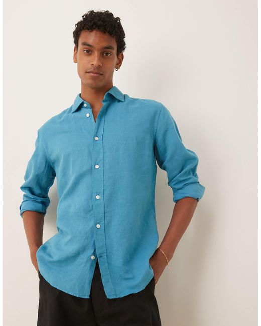 Mango – langärmliges hemd aus leinenmix in Blue für Herren