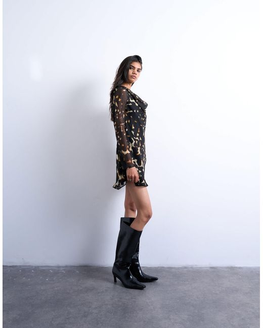 TOPSHOP Long Sleeve Cowl Neck Mini Tea Dress in Black