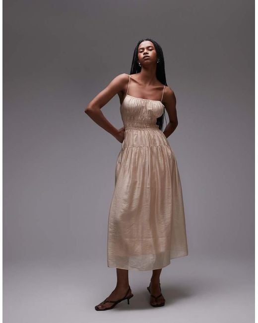 & Other Stories Brown Milkmaid Midi Dress With Smocking And Spaghetti Straps
