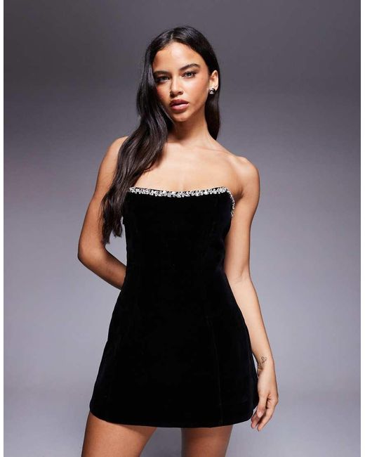 black velvet diamante detail trim mini dress Black Velvet Crystal Trim Mini Dress self-portrait-US