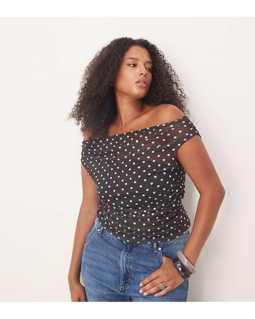 ASOS Gray Asos Design Curve Gathered Short Sleeve Off Shoulder Mesh Top