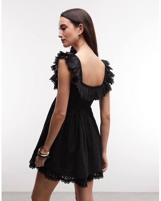 Reclaimed Vintage Black Mini Dress With Broderie Sleeves And Hem