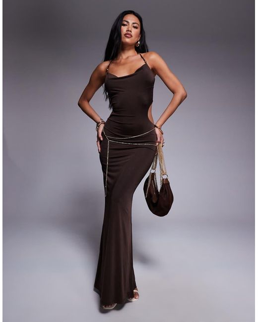 Tiger Mist Brown Suriya Cowl Halterneck Open Tie Back Chain Detail Maxi Dress