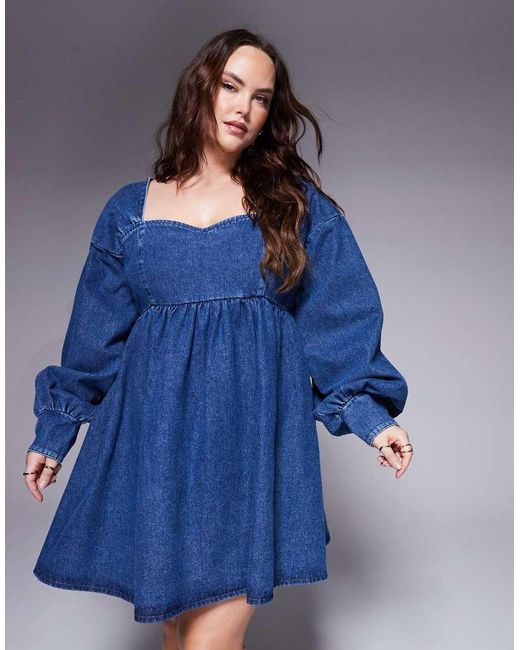 Vestido Corto De Manga Larga Y Corte Babydoll Con Lazo En La Espalda De Denim De Curve ASOS de color Blue