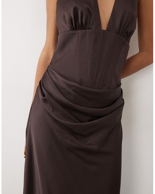 Forever New Brown Satin Plunge Corset Detail Maxi Dress