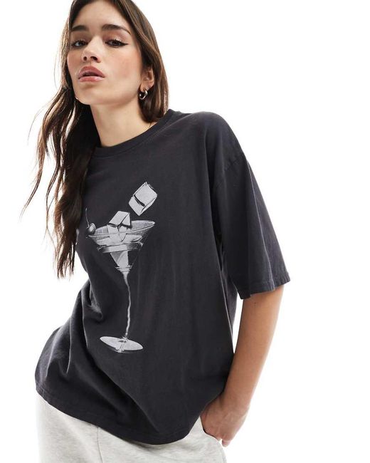 Pull&Bear Black Martini Glass Graphic Oversized Tee