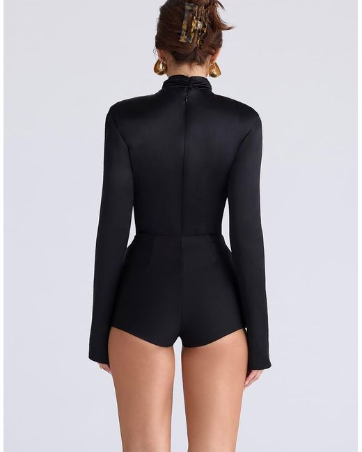 House Of Cb Black Neneh Satin High Neck Long Sleeve Bodysuit