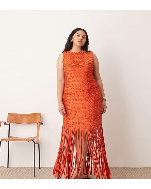 ARRANGE Orange Curve Lattice Handwoven Fringe Hem Midi Dress
