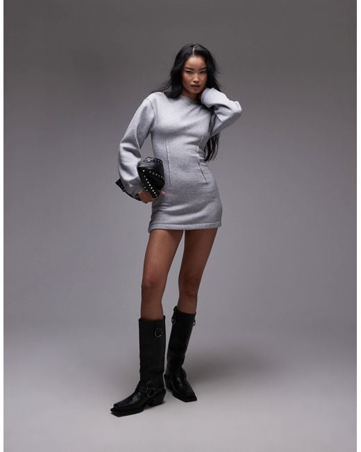 TOPSHOP Gray Cinched Waist Long Sleeve Jersey Mini Dress