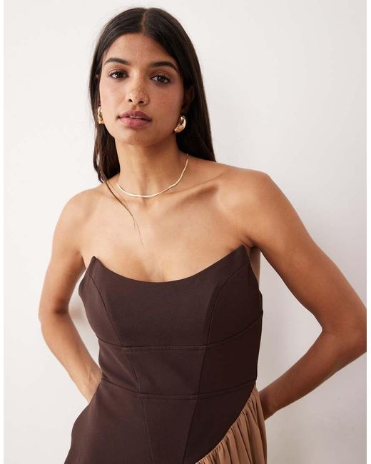 ASOS Pink Structured Curved Bandeau Neckline Midi Dress With Contrast Soft Draped Skirt
