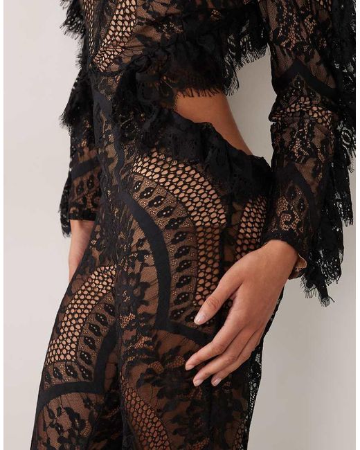 The Dolls House Black Kiah Premium Lace Cut Out Open Back Flared Jumpsuit