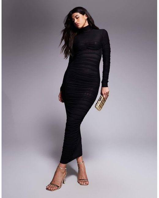 Ruched & Ready Blue It Girl Sculpted Semi Sheer Mesh High Neck Bodycon Maxi Dress