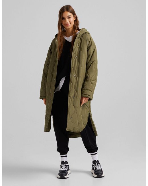 Bershka Green Quilted Long Line Jacket