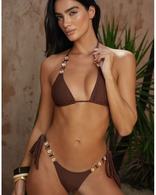 Moda Minx Brown X Zoe Servini Triangle Bikini Top With Bead Detail