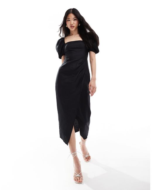 & Other Stories Black – midi-wickelkleid aus leinenmix