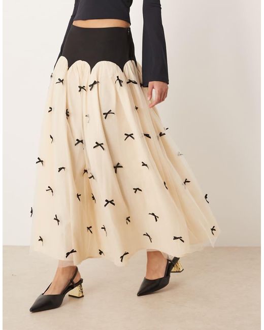 Never Fully Dressed Natural Contrast Bow Drop Hem Maxi Skirt
