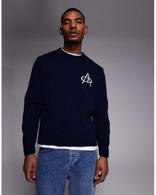 ASOS Blue Oversized Knitted Jumper With Embroidery for men