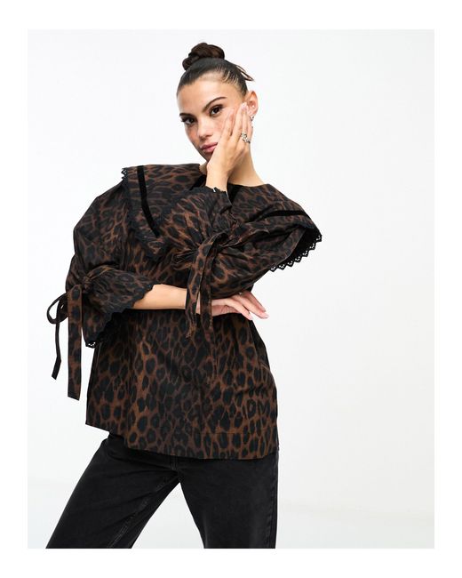 Damson Madder Black Candice Leopard Print Collar Detail Blouse