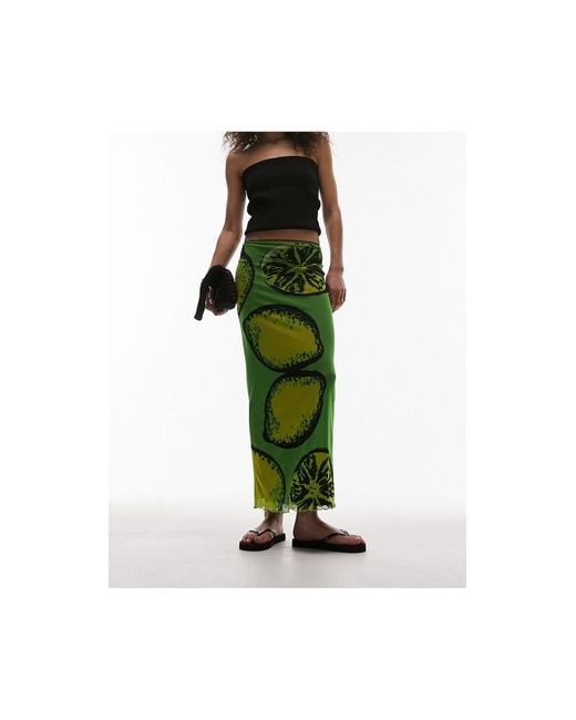 TOPSHOP Green Mesh Lemon Placement Print With Picot Trim Midi Skirt