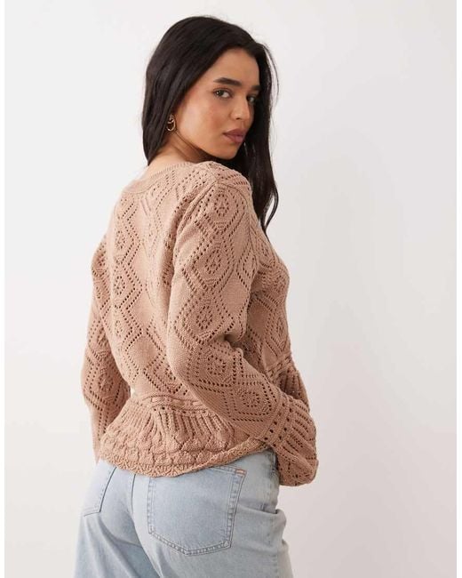 Miss Selfridge Brown Mix Crochet V-neck Peplum Hem Cardigan