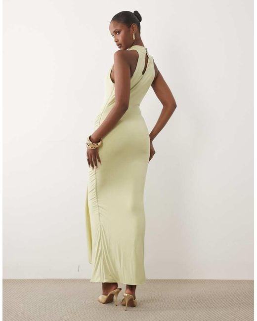 Ruched & Ready Natural Premium Butter Touch Sculpting Halterneck Drape Waist Detail Maxi Dress