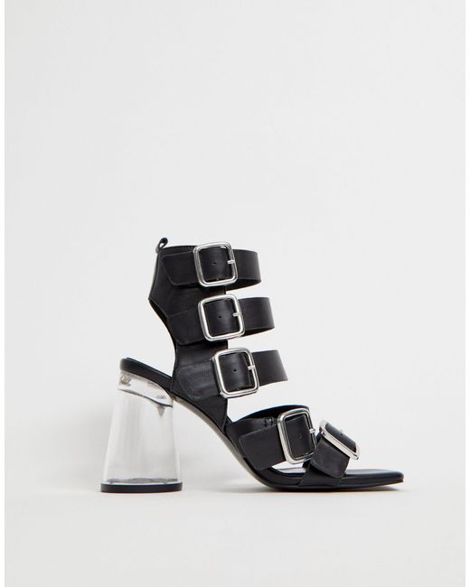 black leather strappy block heel sandals