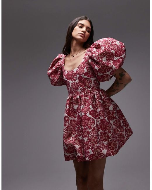 & Other Stories Pink Brocade Mini Dress With Statement Puff Sleeves And Deep Back