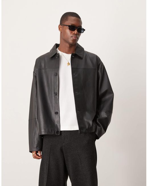 ASOS Men's Gray Premium Real Leather Harrington Jacket