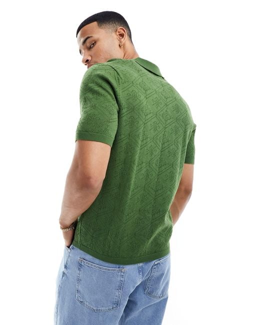 ASOS Green Knitted Crochet Notch Neck Polo for men