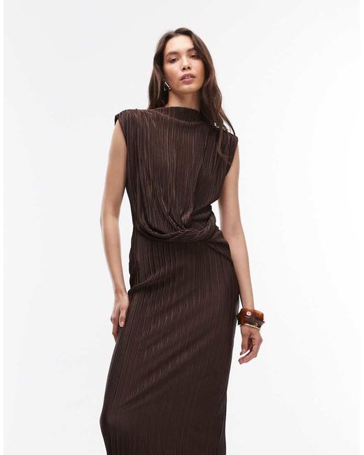 ASOS Brown Plisse Slash Neck Pencil Midi Dress With Twist Waist Detail