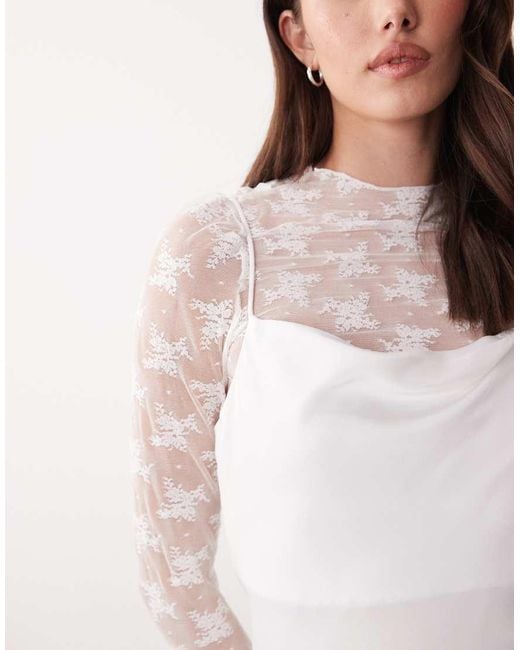 Y.A.S Natural Long Sleeve Lace Underlay Cami Satin Dress