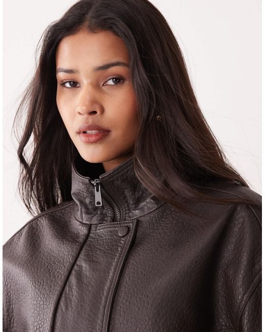 Mango Brown Capsule 100% Leather Funnel Neck Jacket