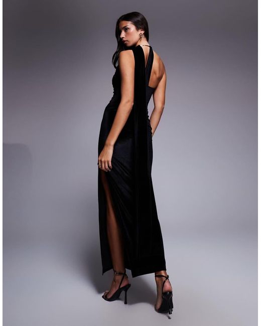 ASOS Blue Halterneck Velvet Drape Maxi Dress With Oversized Gold Neck Trim