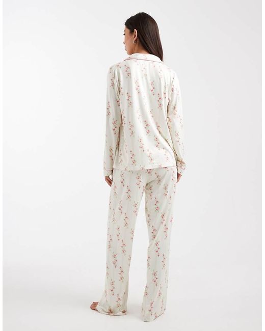 Threadbare White Button Down Super Soft Pyjama Set With Floral Print