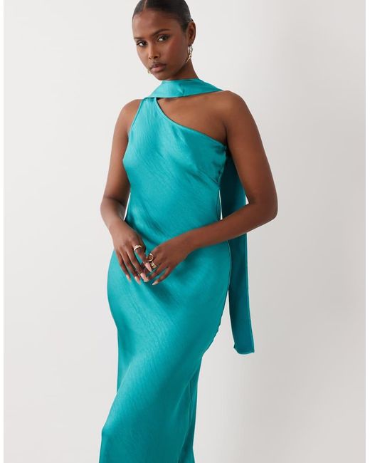 TFNC London Blue Satin One Shoulder Maxi Dress With Scarf