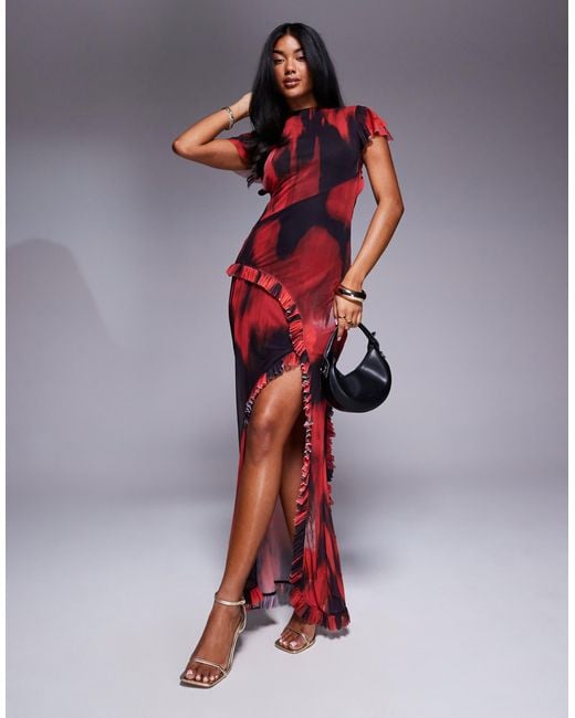 ASOS Red – maxikleid mit verschwommenem wasserfarbendesign, u-boot-ausschnitt, rüschen an den ärmeln und rüschenverzierung