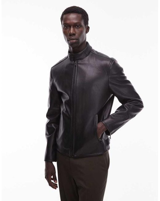 Mango Black Faux Leather Collarless Jacket for men