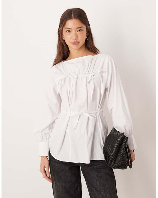 ASOS White Ruched Poplin Tie Front Blouse