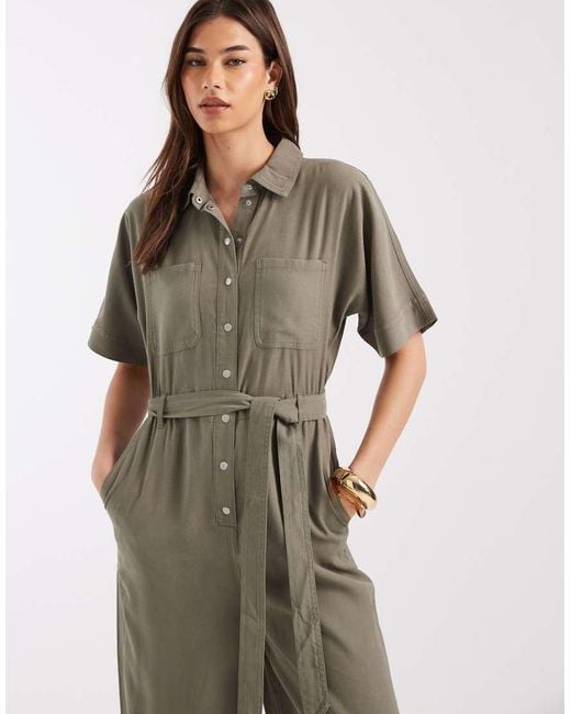 ONLY Green Tie Waist Short Sleeve Jumpsuit